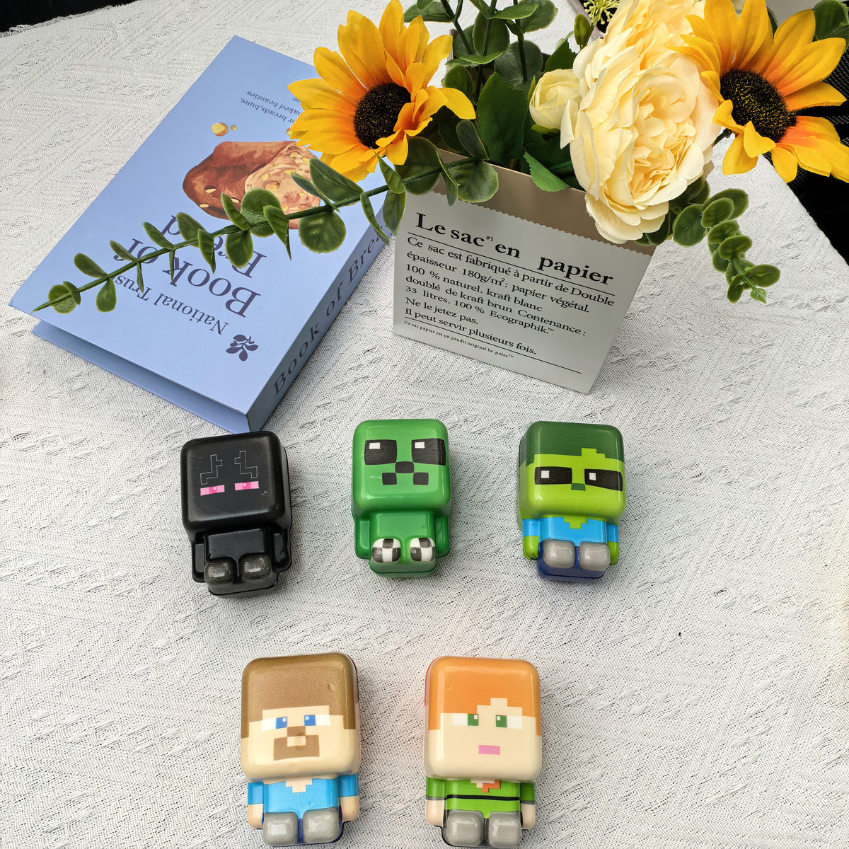 Minecraft-style five-piece PU squishy set. Detail or group view; decorative props are not included.