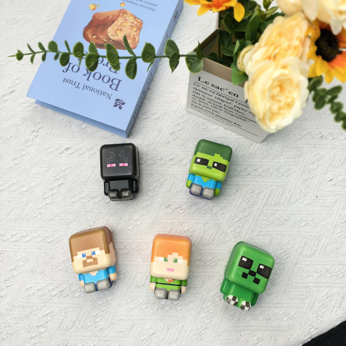 Minecraft-style five-piece PU squishy set. Detail or group view; decorative props are not included.