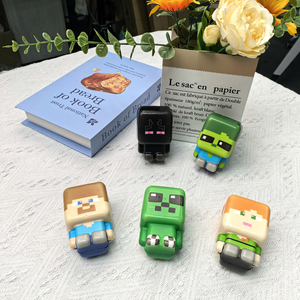 Minecraft-style five-piece PU squishy set. Detail or group view; decorative props are not included.